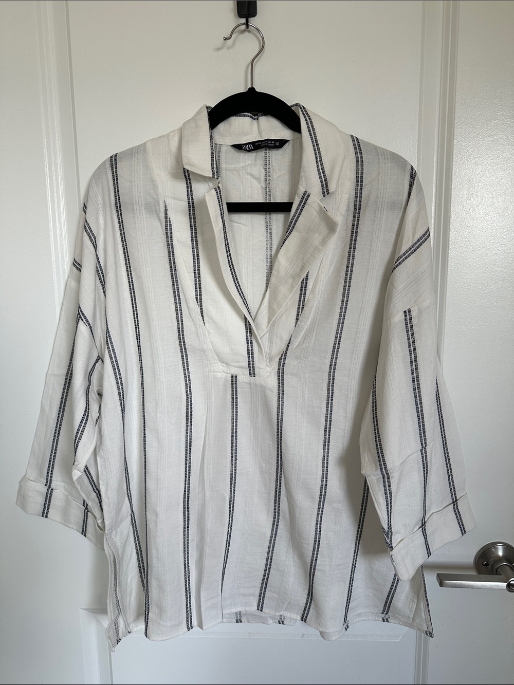 Zara White Blouse with Black Vertical Stripes